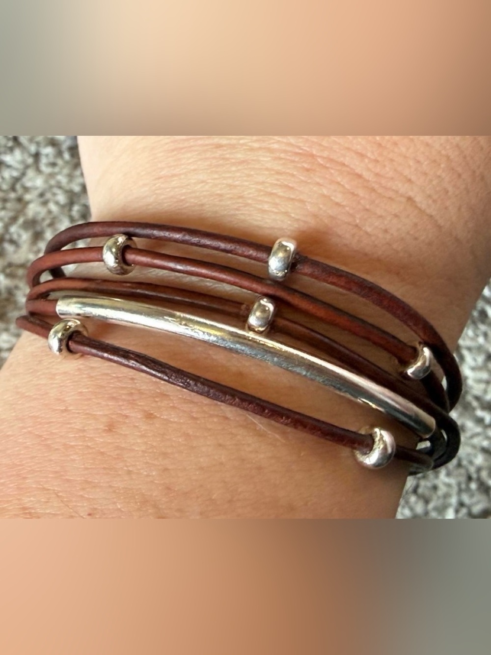 Silver Accent Brown Leather Multi-Strand Women's Bracelet